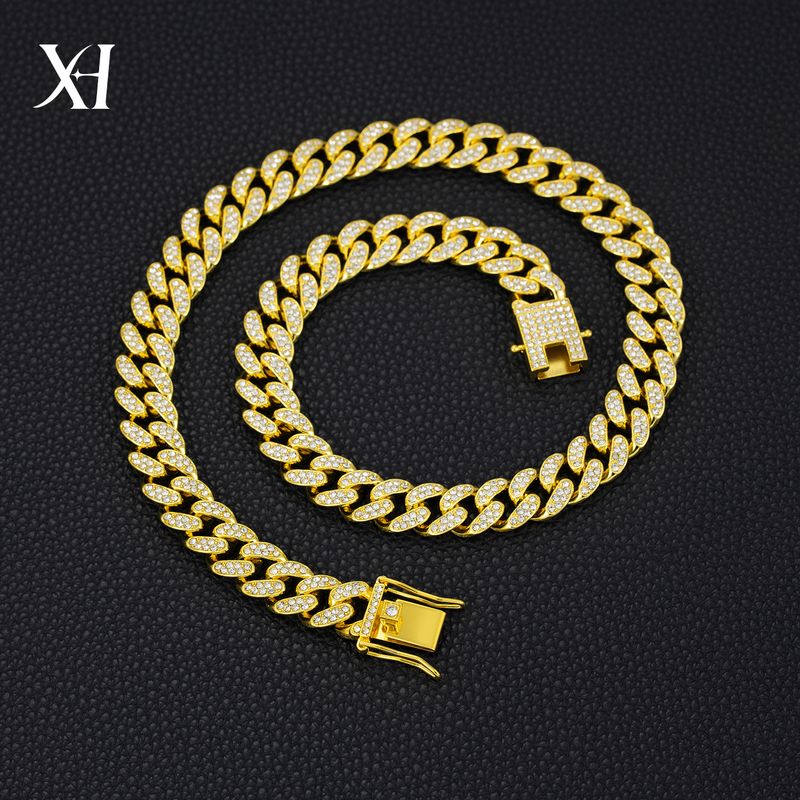 Surface Curved Polished Base 13mm Classic Cuban Chain Inlaid Diamond Alloy Hip-Hop American Style Men's Jewelry_voghion.com