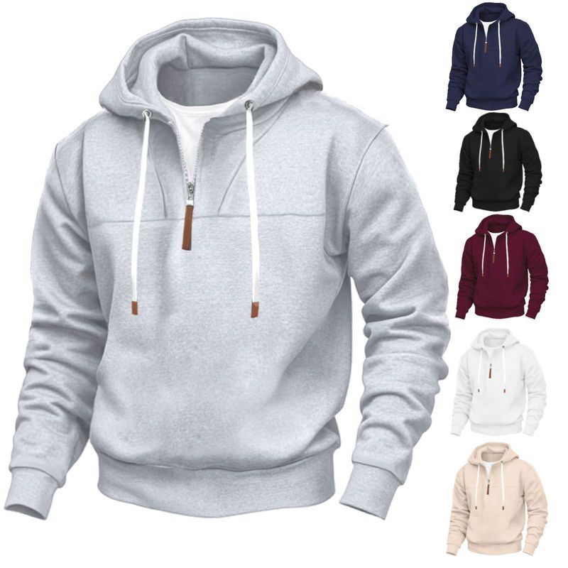 American Style Fleece-gefütterter Halbreißverschluss Trendy Kapuze Langarm Loose Fit Herren Frühling und Herbst_voghion.com