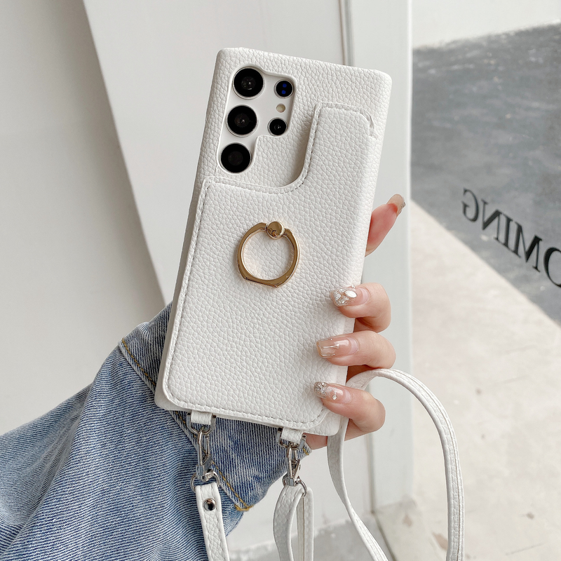 Mobile phone case for Samsung S23u two-fold card ring buckle holder mobile phone case GalaxyS22 litchi pattern half package foreign trade_voghion.com