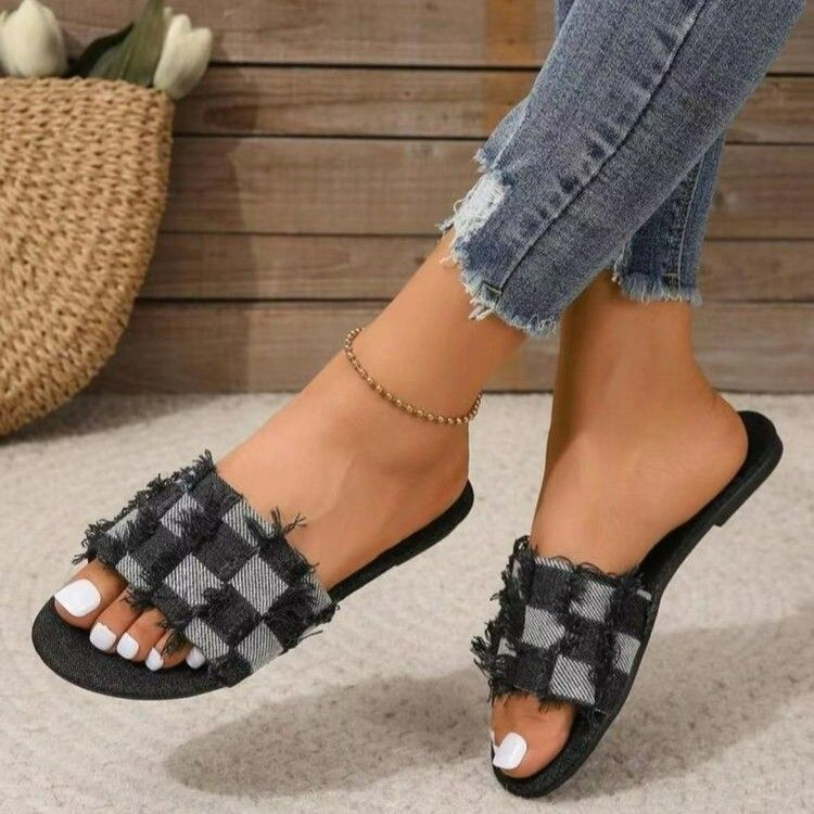 Pantofole da donna taglie forti 2023, nuove scarpe casual alla moda semplici e piatte in denim quadrato_voghion.com