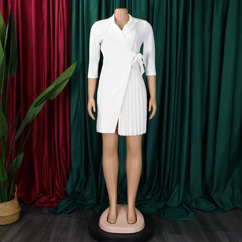 Damen Große Größen Damenbekleidung Mode Anzug Kragen Mode Gürtel Taille Plissee Kleid_voghion.com