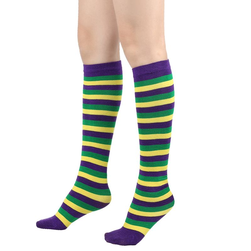 Iresch mat violette, giele, grénge Sträifen, dräifaarwege Mëttelstufe Unisex Knéistrëmp, Karnevalskalbstrëmp_voghion.com