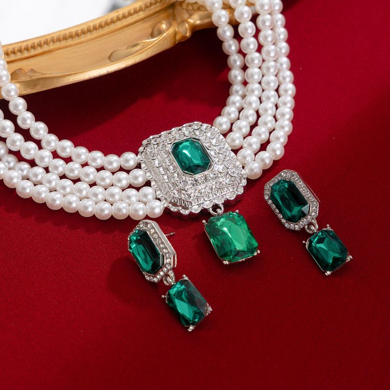 Retro square full diamond gem pearl choker necklace temperament French multi layer necklace_voghion.com