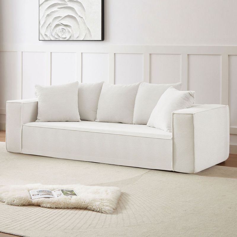 88.97inch Corduroy Sofa with 5 Matching Toss Pillows, Sleek Design, Spacious and Comfortable 3 Seater Couch for Modern Living Room.WHITE_voghion.com