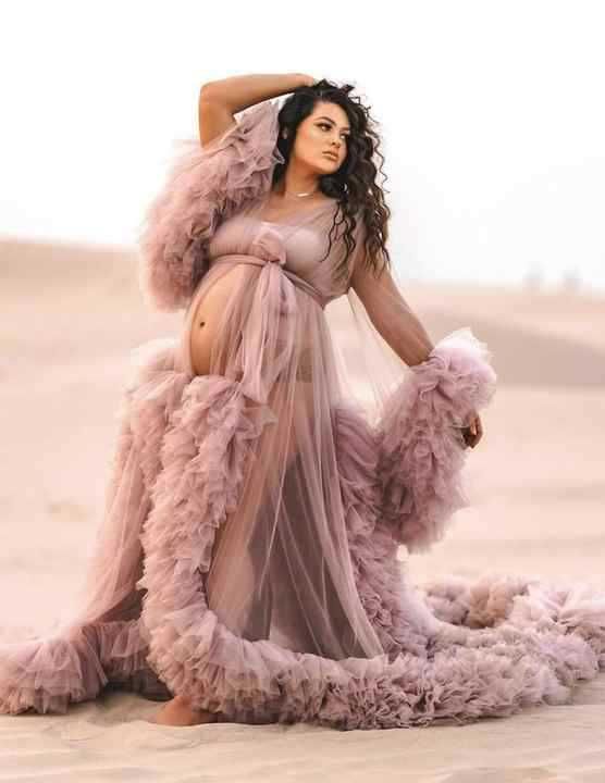 Damenbekleidung, elegantes Umstandskleid, transparente Schleppe, V-Ausschnitt, Spitze, Hochzeitskleid, Brautkleid, Fotoshooting, Abendparty (Weiß/Rosa/Blau, US2-26W)_voghion.com