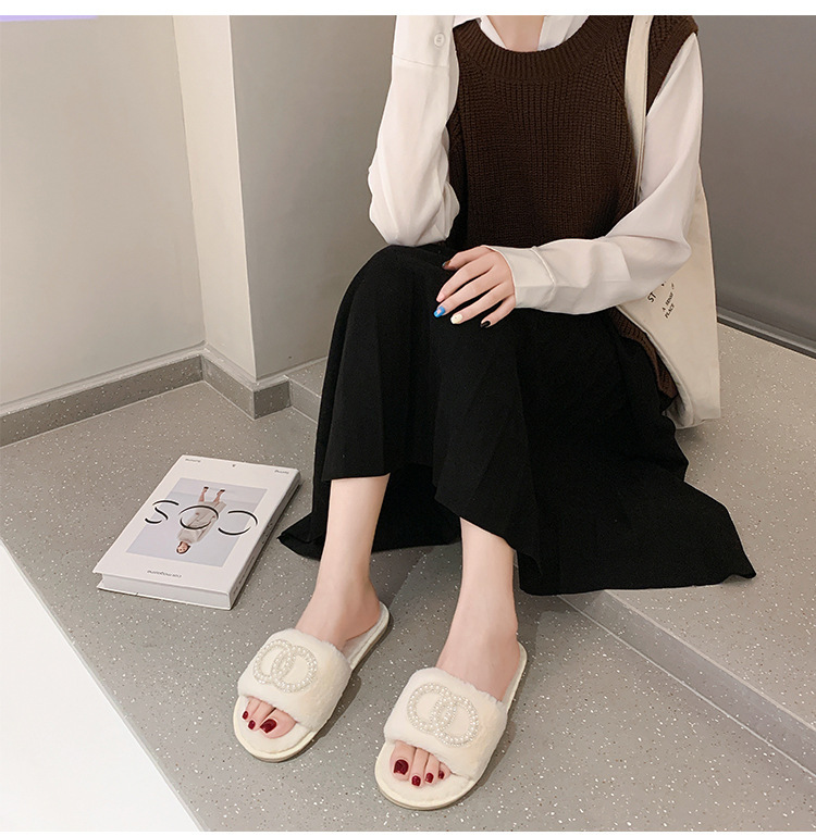 Fellhausschuhe im Feenstil für Damen zum Tragen von Oberbekleidung, neu, für den Innenbereich, weiche Sohle, bequem, einzeilig, offene Zehenpartie, Baumwolle_voghion.com