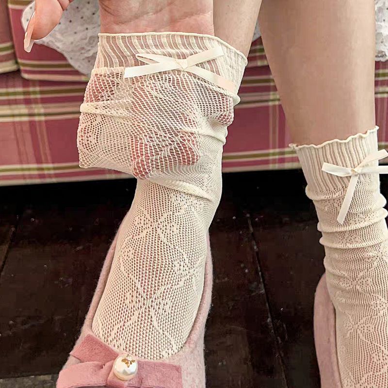 White Lace Trim Socks For Women, Summer Thin Bowknot Slouch Ballet Style Long Tube Socks, Matching With Mary Jane Shoes_voghion.com
