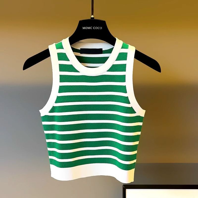 Europäische High-Version gestreifte gestrickte Camisole-Weste für Damen im Sommer Oberbekleidung Innenbekleidung mit einer Basis, Slim Fit und_voghion.com