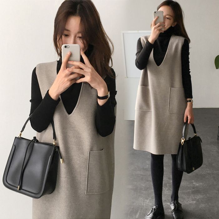 Abito in lana autunno/inverno 2024 nuova versione coreana set gonna due pezzi gilet doppiopetto medio lungo_voghion.com