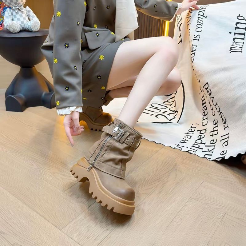 Martin-Stiefel mit klobigem Absatz, Herbst/Winter 2025, neuer brauner Plüsch-Halbstiefel, modisch, vielseitig_voghion.com