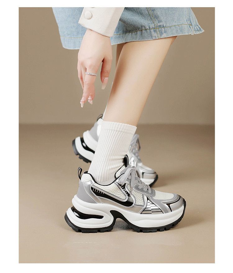 Thick Soled Dad Shoes For Women New Retro Street Style Height Enhancing Silver Same Style Casual Sports Shoes_voghion.com