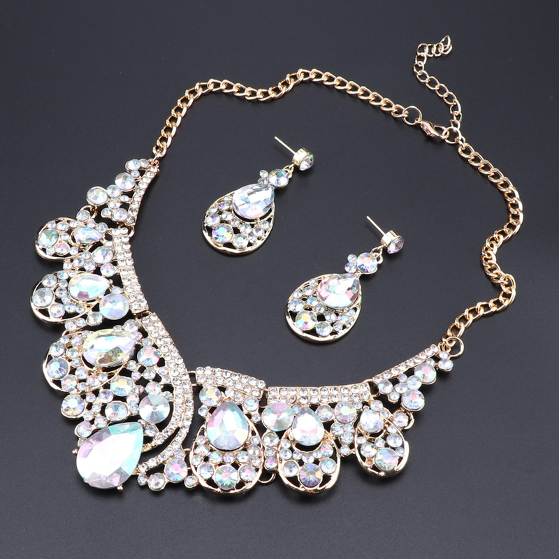 Modischer Kristall Choker Statement Halskette Ohrring Kragen Boho Schmuckset Hochzeitsgeschenk Frauen Bräute Abschlussball Party_voghion.com