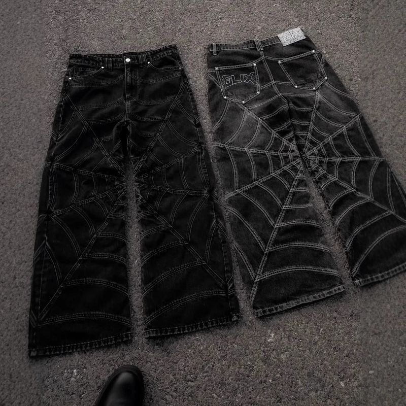 2025d Elix New Hip-Hop Spider Web Jeans à rayures, pantalon large délavé taille haute pour homme_voghion.com