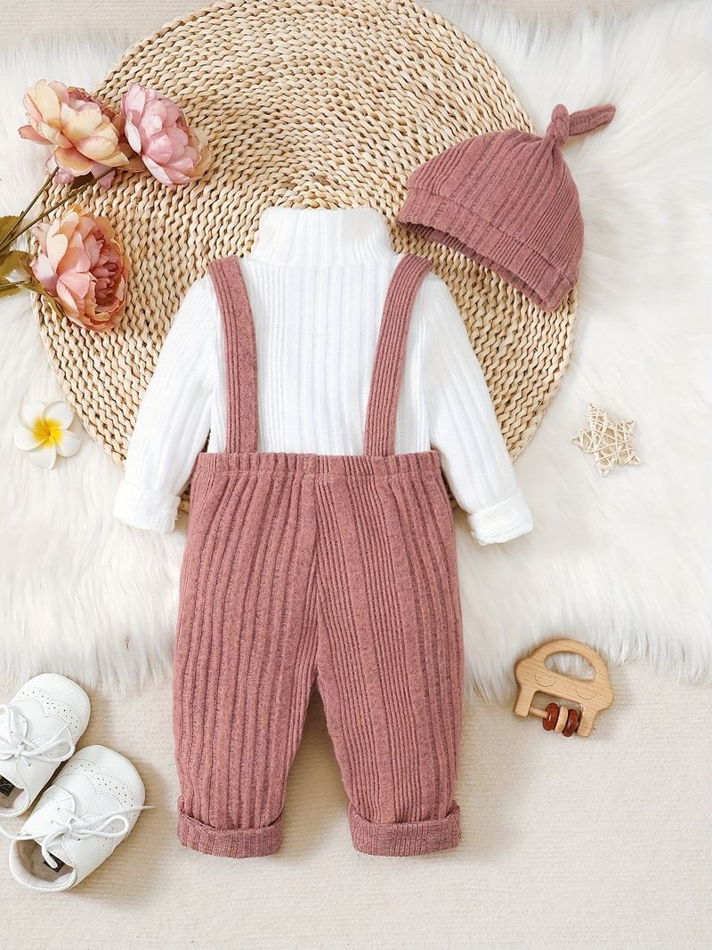 Completo in maglia con fodera in pile per neonata: top con collo alto e salopette (6 mesi-3 anni)_voghion.com
