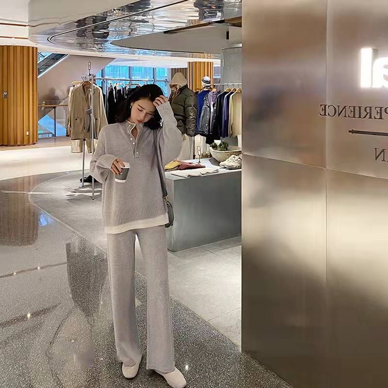 Trendy Youthful Sports Outfit 2025 Spring Autumn Women's Knitted Sweater Wide-Leg Pants Casual Two-Piece Set_voghion.com