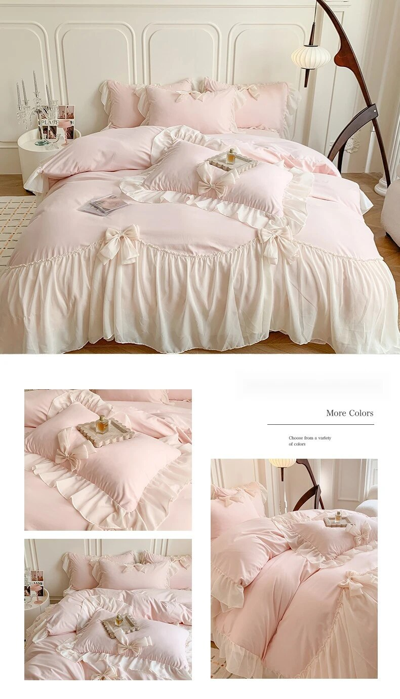 Parure de lit en coton chaud, avec nœud en cœur, romantique français, quatre pièces, Style princesse, nouvelle collection 2023_voghion.com
