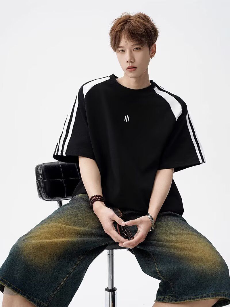 Men's Fashion Short Sleeve T-Shirt Breathable Ice Silk Fabric Relaxed Fit Round Neck Color Blocking Design Versatile Casual Wear For Young Adults_voghion.com