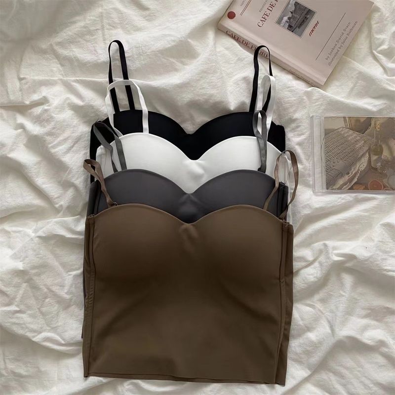 Strapless Women's Camisole Integrated Vest Bra Outer Wear Gathered Beauty Back Seamless Ice Silk Top Fixed Chest Pad_voghion.com