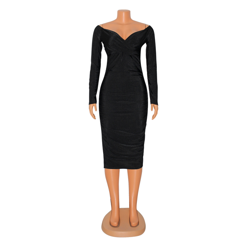 Damenbekleidung Kleidung Sexy One-Shoulder Plissee Hüftbedeckendes langärmliges Kleid_voghion.com
