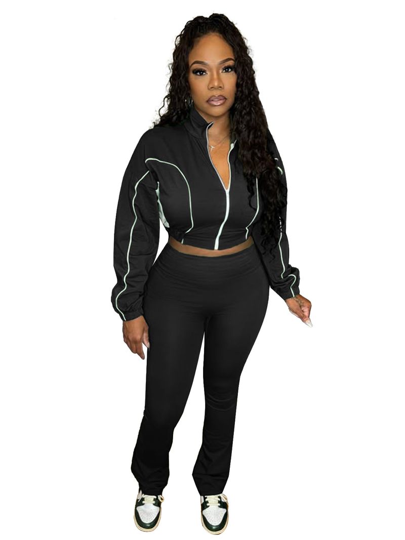 Women's Stylish Two-Tone Contrast Stitching Zip-Front Flared Pants Set – Trendy Office & Casual Outfit_voghion.com