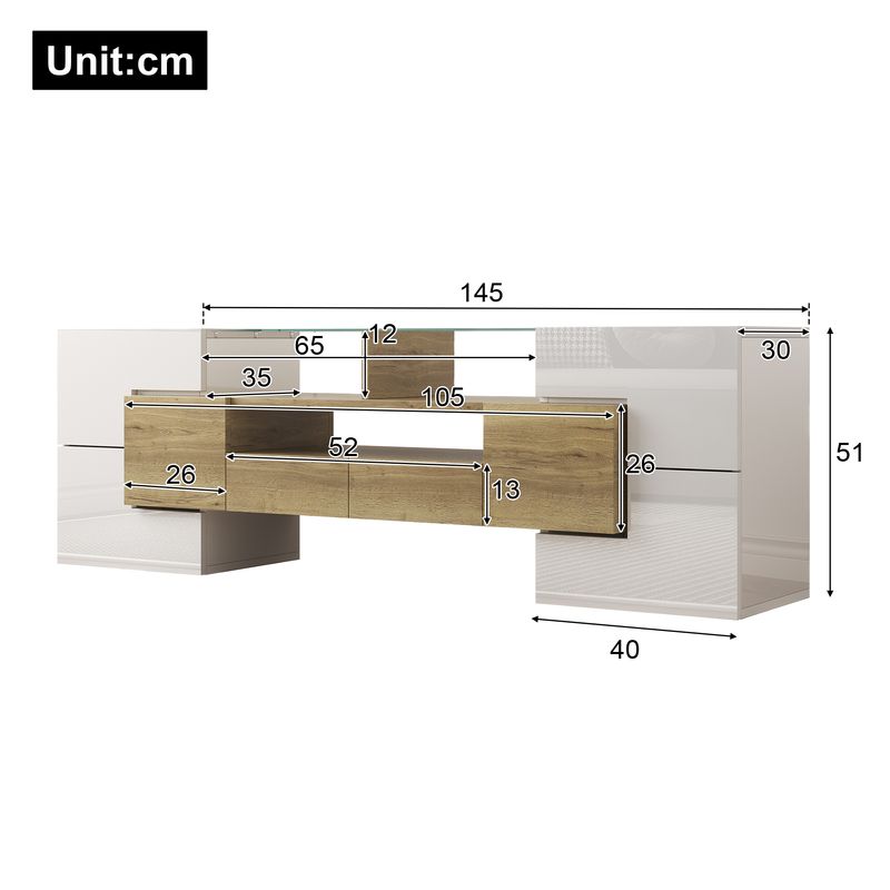 Meuble TV moderne, buffet bas blanc brillant de 145 cm avec éclairage LED, surface en verre élégante, mobilier de salon contemporain_voghion.com