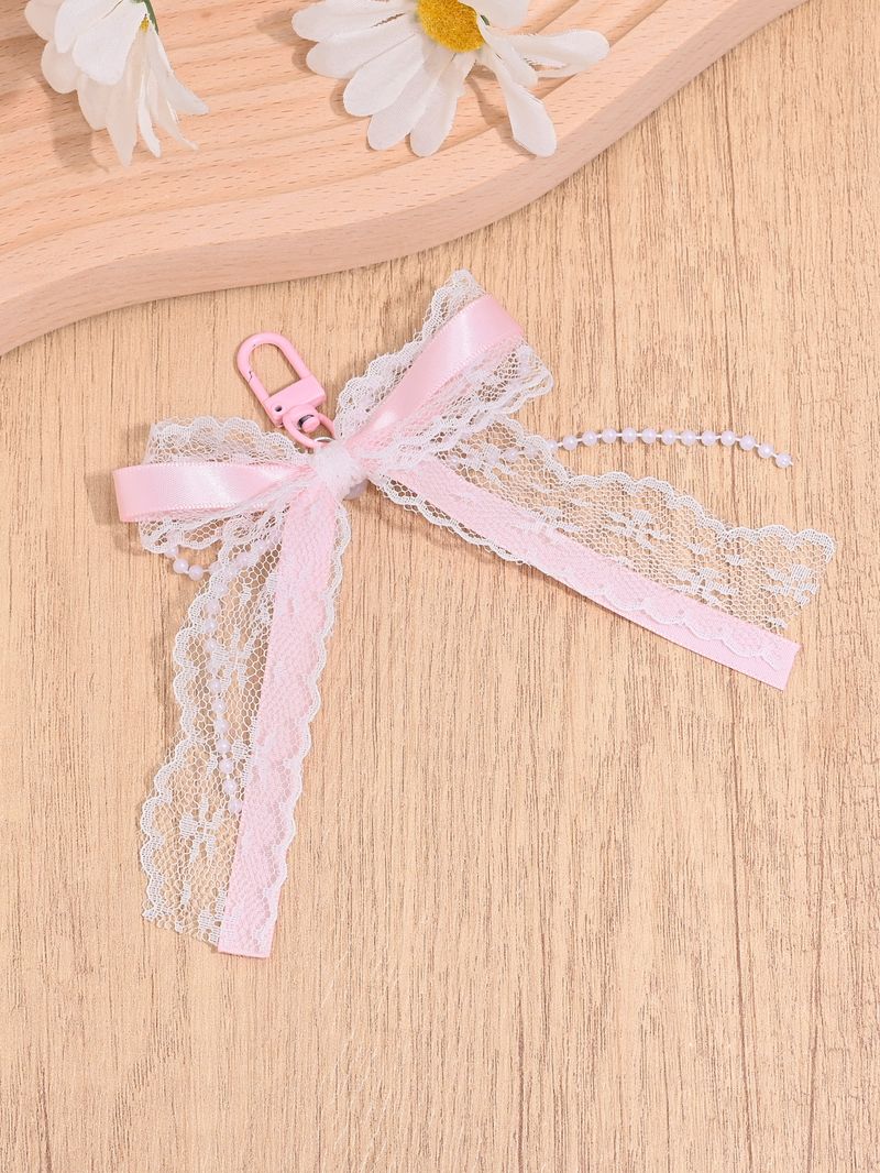 French Style Pearl Lace Bow Keychain For Women Sweet Elegant Earphone Case Bag Car Key Pendant_voghion.com