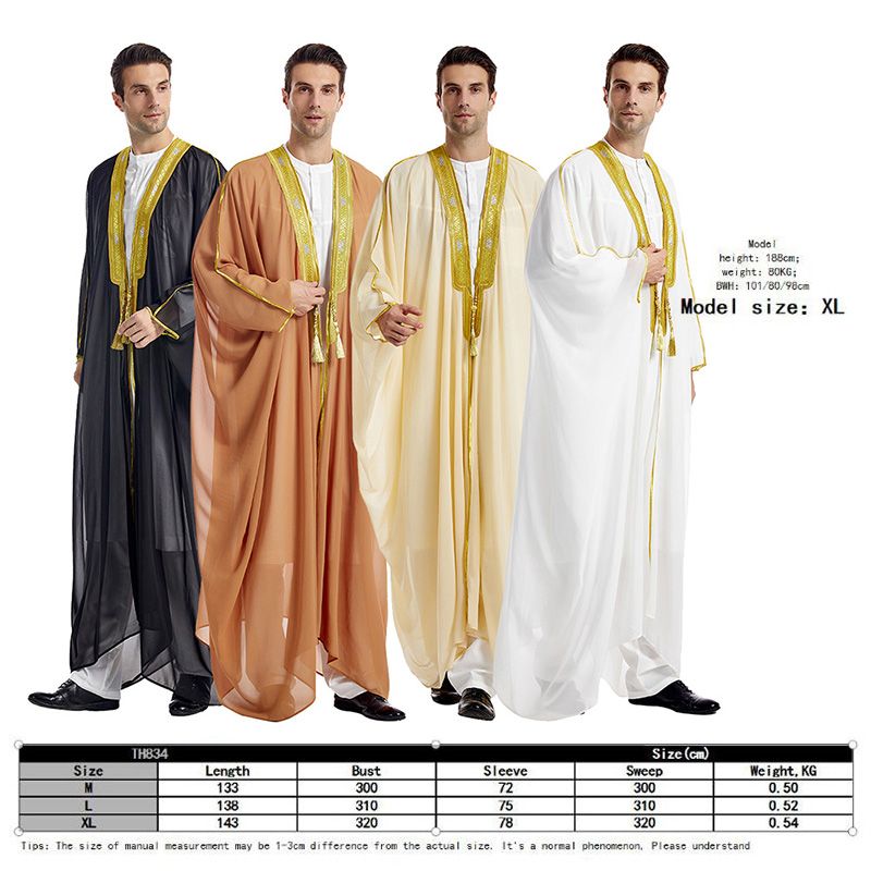 Herenjas Moslimkleding Kimono Losse Abaya Jurken Lange Mouw Geborduurde Chiffon Kaftan Casual Formeel Dubai Thobe_voghion.com