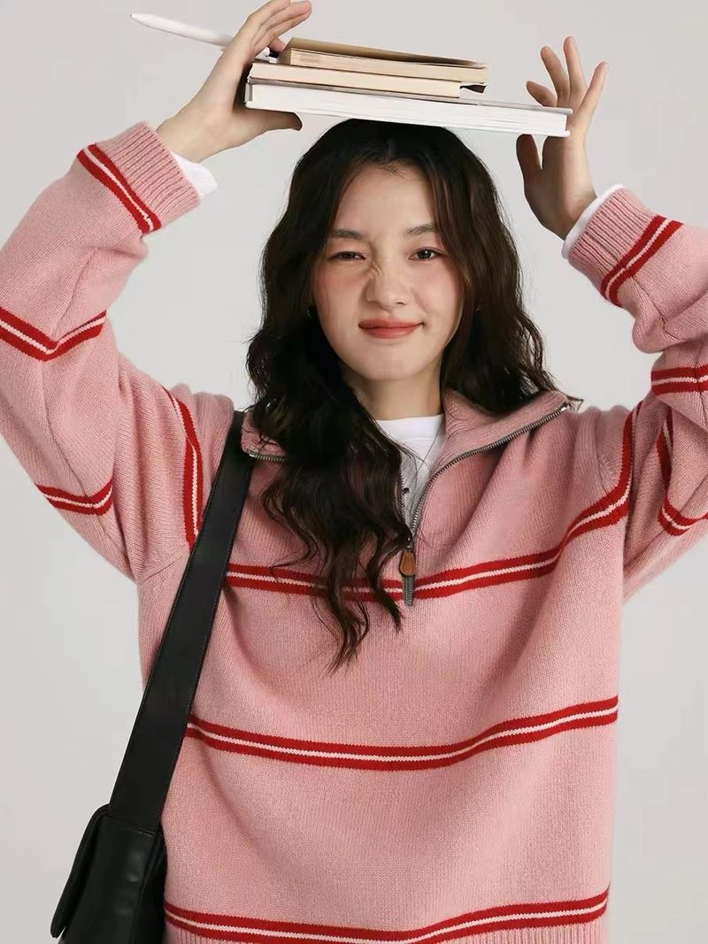 Wolle Koreanischen Stil Gestreiften Half-Zip Polo Kragen Pullover Für Frauen 2024 Neue Lose Faul Gestrickte Top_voghion.com