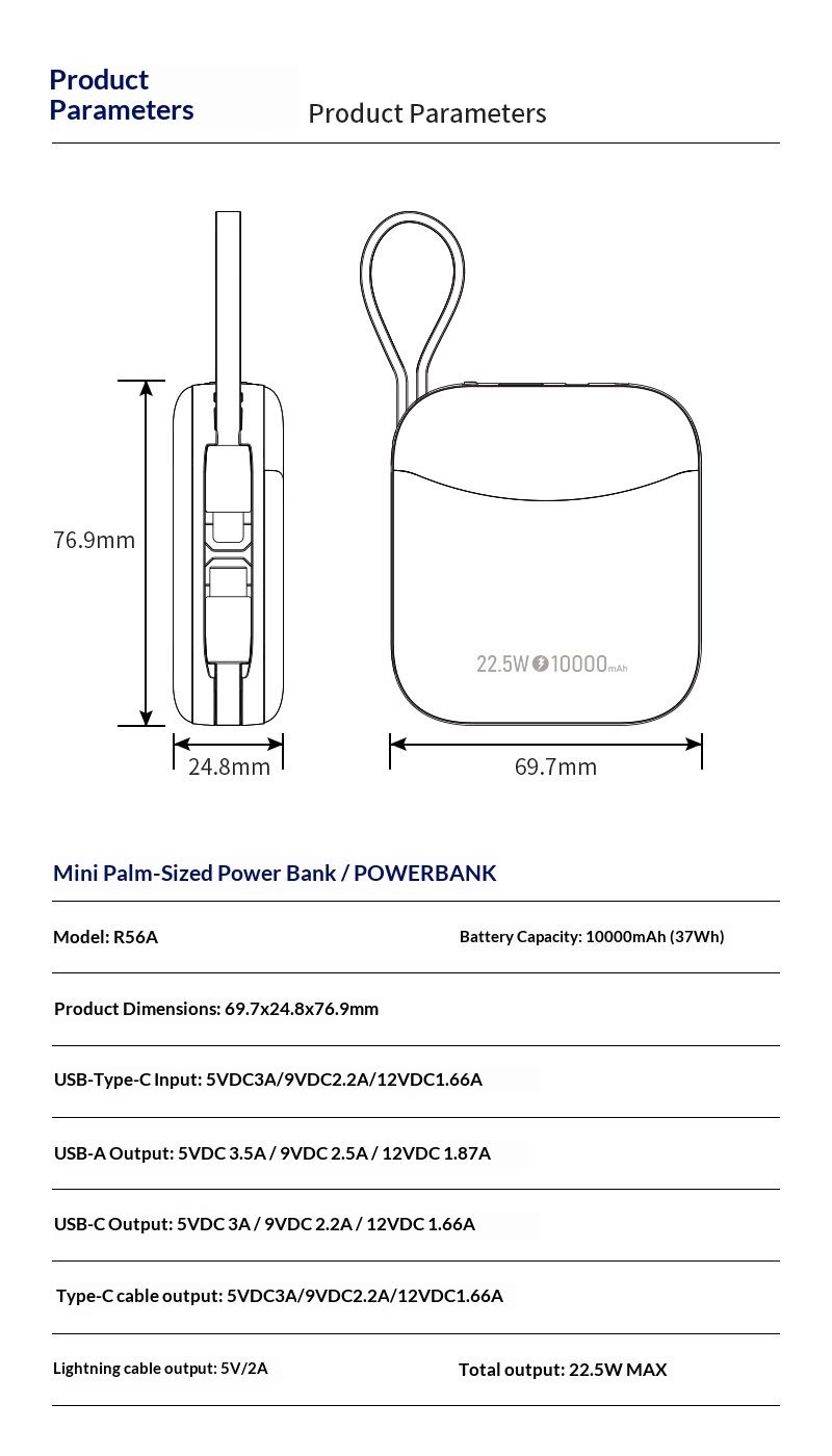 Mini cordino portatile Private Model da 10000 mAh con ricarica super veloce e cavo integrato, regalo di alimentazione mobile_voghion.com