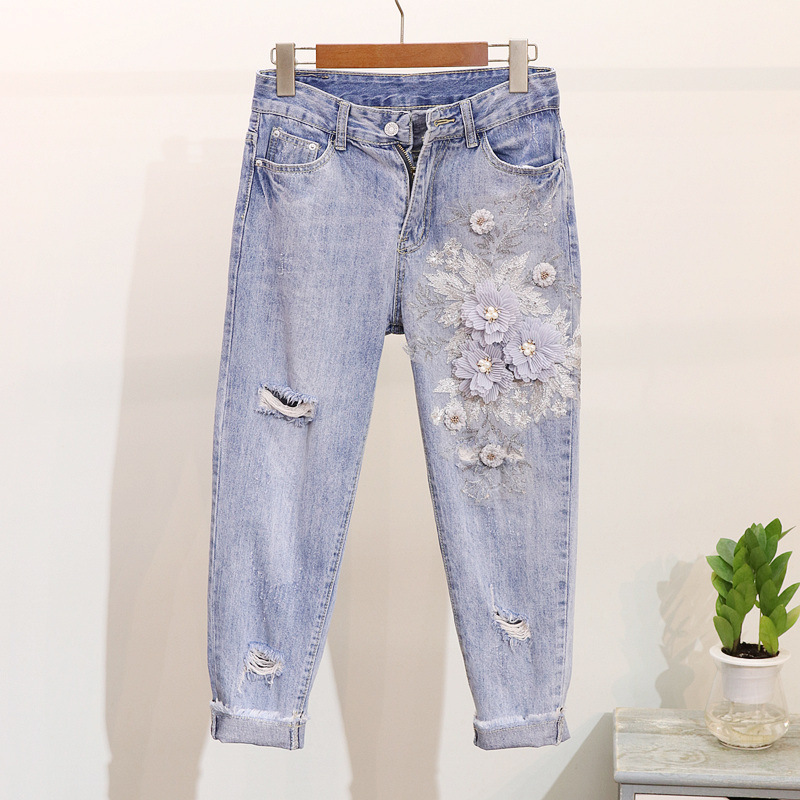 Women's Clothing Beaded Embroidery Three-dimensional Flower Short Sleeve T-shirt Ripped Denim Jeans_voghion.com