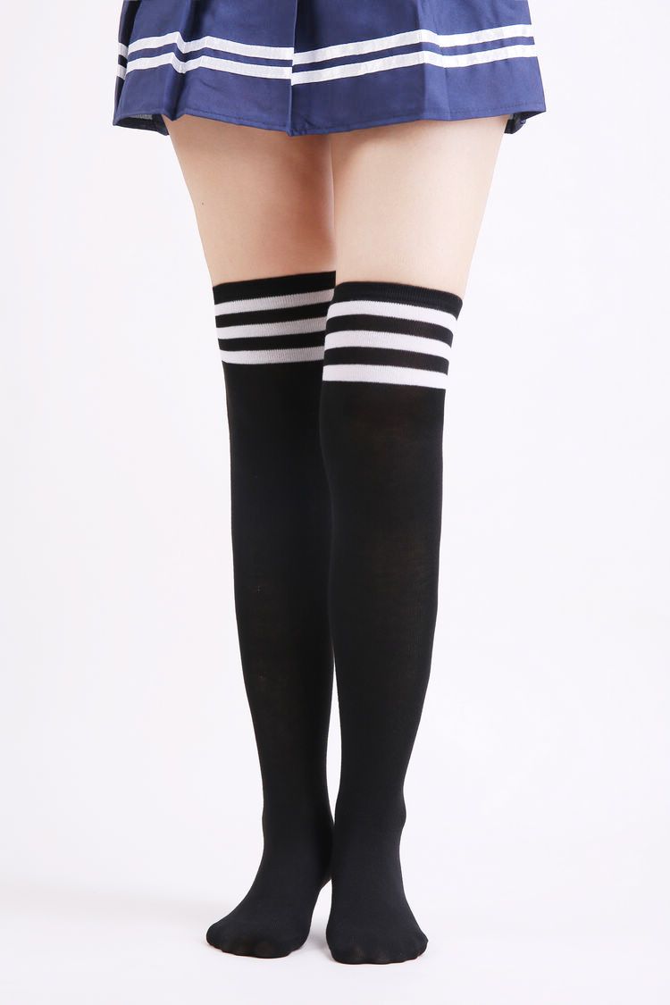 Calzini Harajuku in stile college giapponese, con tre strisce bianche e nere, da donna, sopra il ginocchio, da calcio, lunghi e alti_voghion.com