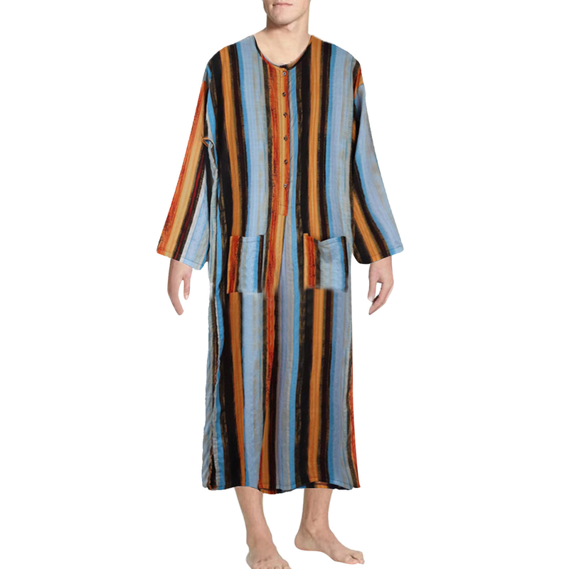 2025 Frühling und Herbst Neue Kleidung Langarm-Overall Arabische Männer Gestreifte Gedruckte Muslimische Robe_voghion.com