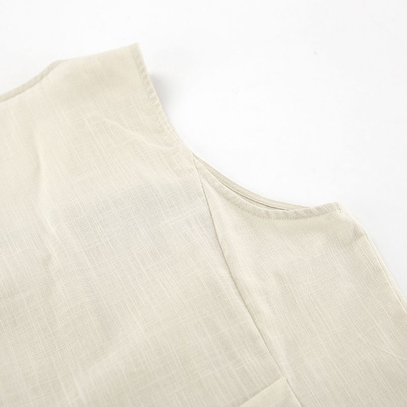 Traje informal de dos piezas de estilo europeo y americano, con cuello en V, sin mangas, de algodón y lino, color caqui francés, 2025_voghion.com