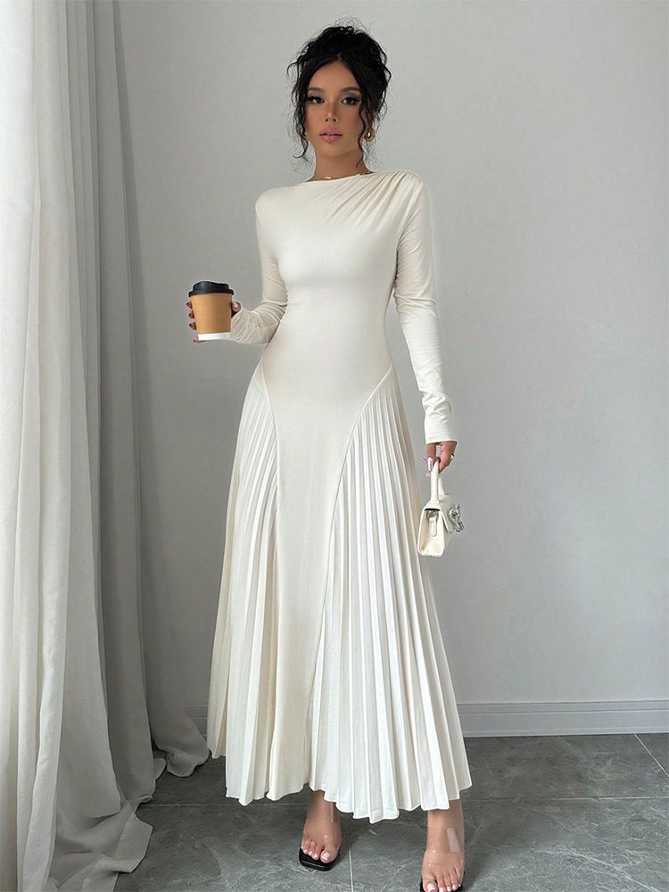 Nuovo abito plissettato a maniche lunghe lavorato a maglia, gonna lunga, elegante, sottile, versatile, alla moda_voghion.com