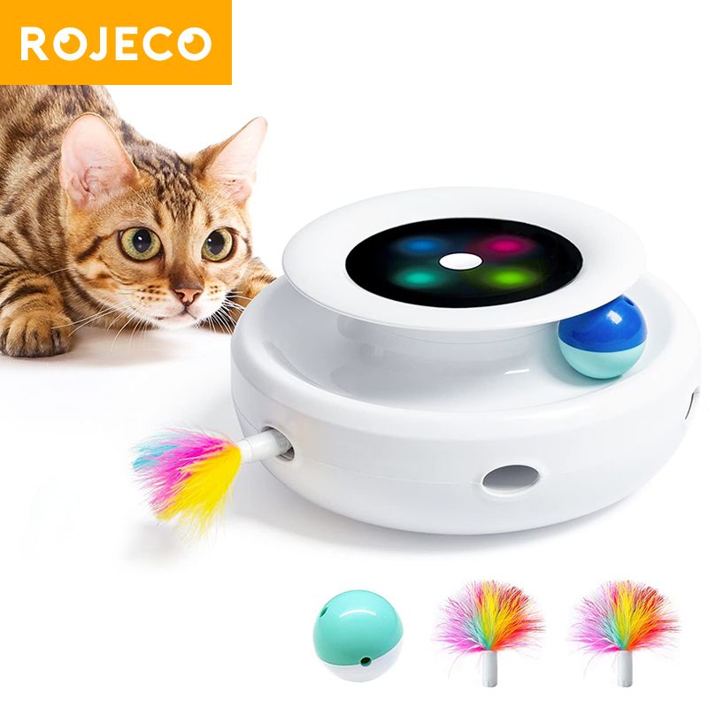ROJECO 2-in-1-Smart-Katzenspielzeug, automatisches Federball-Spielzeugset für Katzen und Hunde, 5 Modi, elektronisches interaktives Haustierspielzeug-Zubehör_voghion.com