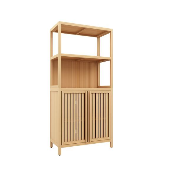 Bamboo Storage Cabinet, Freestanding Bathroom Cabinet With 2 Doors, Floor Cabinet Organizer For Living Room, Kitchen, Entryway_voghion.com