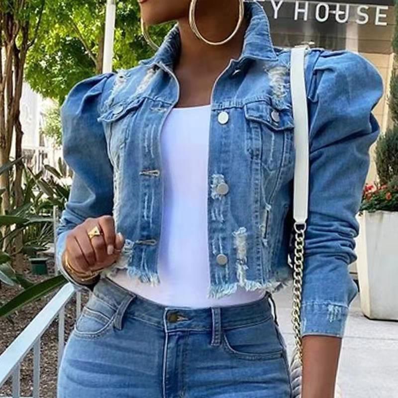Women's Distressed Denim Jacket – Oversized Washed Cropped Streetwear Top With Raw Hem_voghion.com