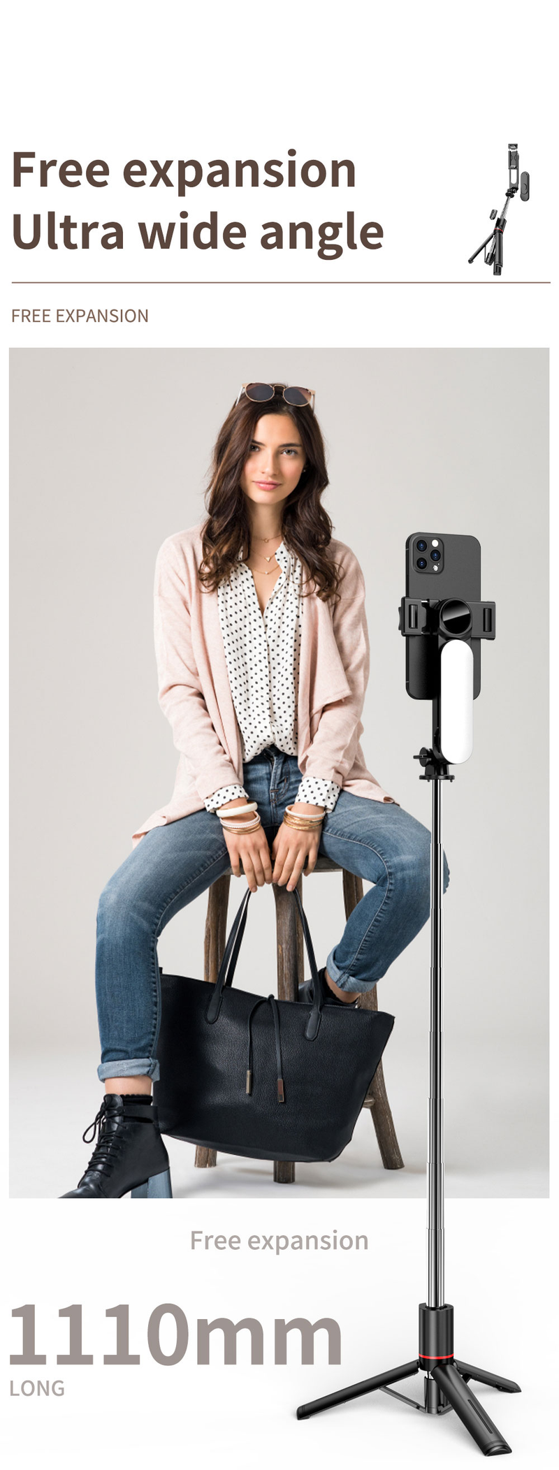 Palo para selfies estable con luz de relleno, trípode, palo para selfies retráctil de 44 pulgadas, con control remoto inalámbrico_voghion.com