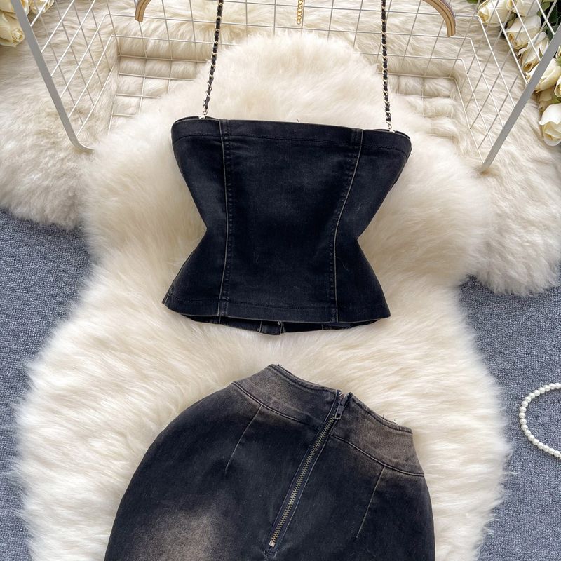 Damenbekleidung Retro reine Hot Girl Style Hosenträger Tube Top Weste + Farbverlauf hohe Taille schlanker Hüftrock Denim Anzug_voghion.com