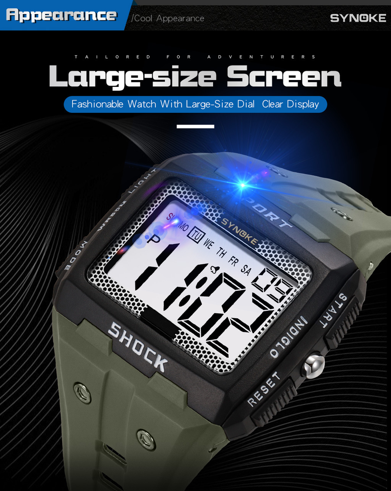 Large Screen Square Outdoor Sports Watch For Men - Waterproof, Shockproof, LED Backlight, Stopwatch, Alarm, Perfect For Running, Camping, Hiking_voghion.com