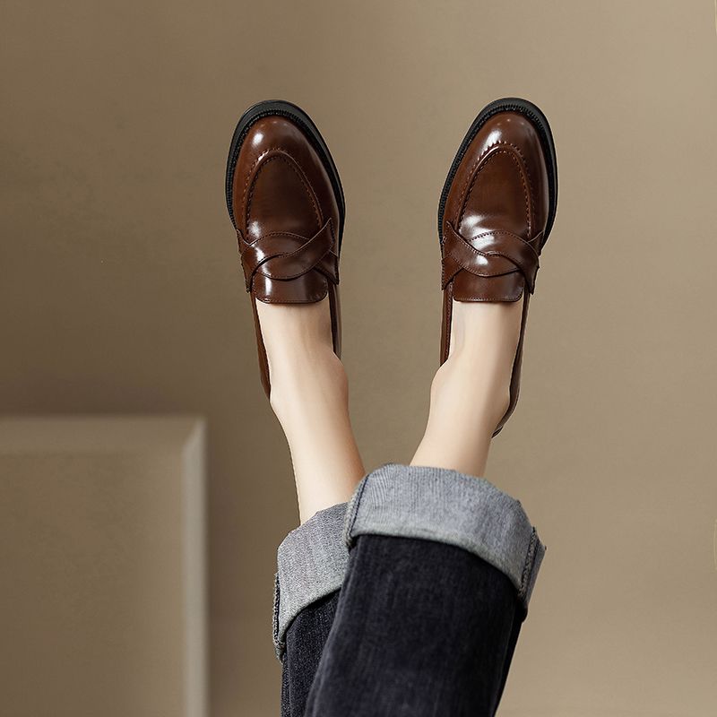 Slipper im Retro-Stil im britischen Stil für Damen, Preppy Commuter, vielseitig einsetzbar, kleines echtes Leder, runde Zehenpartie, klobiger Absatz_voghion.com