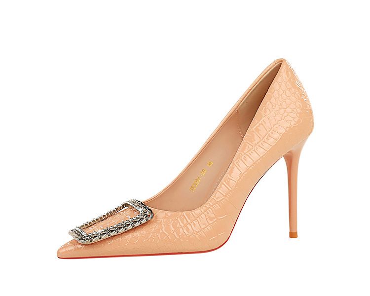 3391-K66 Style Banquet With Fine Heels, Stone Pattern, Patent Leather, Shallow Mouth, Pointed Toe, Rhinestone Buckle,_voghion.com