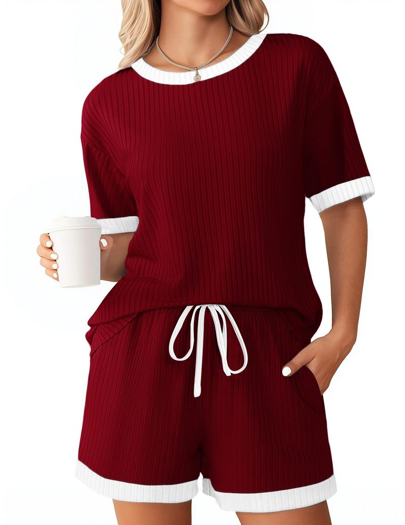 Kadın Giyim Yaz Yeni Düz Renk Çukur Çizgili Renk Uyumlu Pijama Kısa Kollu Ev Giyim Takımı_voghion.com