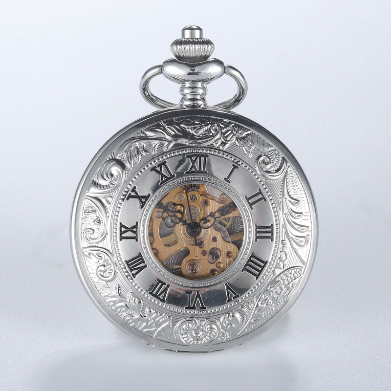 Silver Double Open Cover Carved Hollow Mechanical Men Women Student Gift Commemorative Pocket Watch_voghion.com