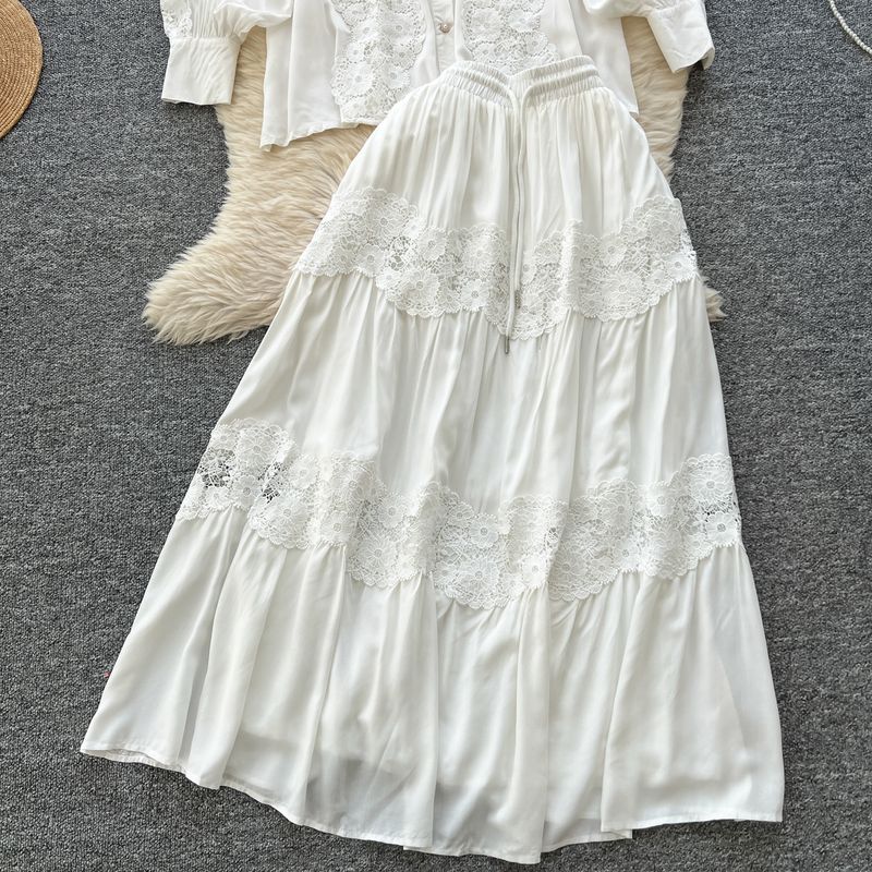 Damenbekleidung Frühling Zweiteiliger Anzug für Frauen im Palaststil Retro Hohle Spitzennähte Langarmhemd Hoch taillierter Rock_voghion.com