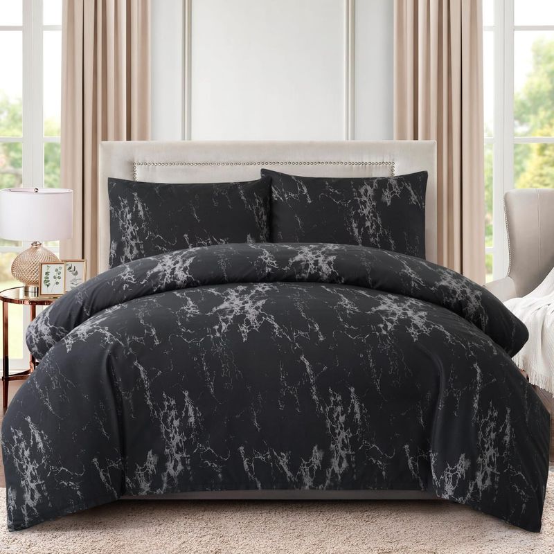 Premium Black Marble Duvet Cover Set - Twin/Full/Queen/King Size - Reversible Stone Pattern With Pillowcases - Breathable Brushed Polyester_voghion.com
