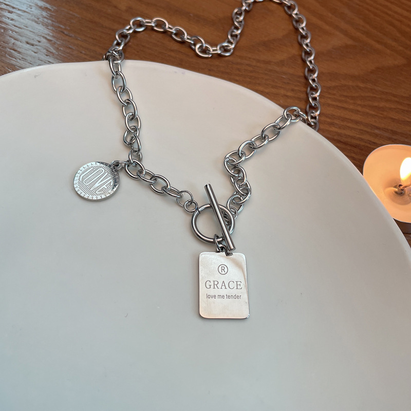 Titanium Steel Colorless Temperament Fashion Accessories Hip Hop Necklace ins Cool Wind Letter Square Plate Collar Chain_voghion.com