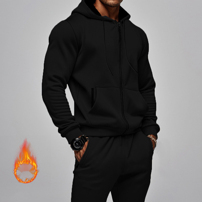 Tuta sportiva e per il tempo libero in pile caldo a maniche lunghe con cappuccio, tinta unita, da uomo, autunno e inverno, in due pezzi_voghion.com
