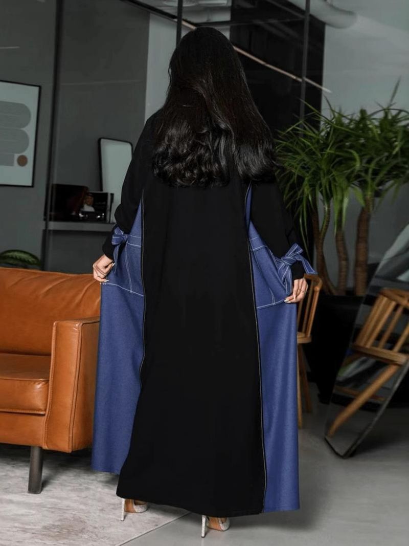 Elegant Muslim Long Open Front Cardigan With Blue Contrast Sleeves & Bow Detail – Modest Loose Fit Cover-Up Abaya For Women_voghion.com