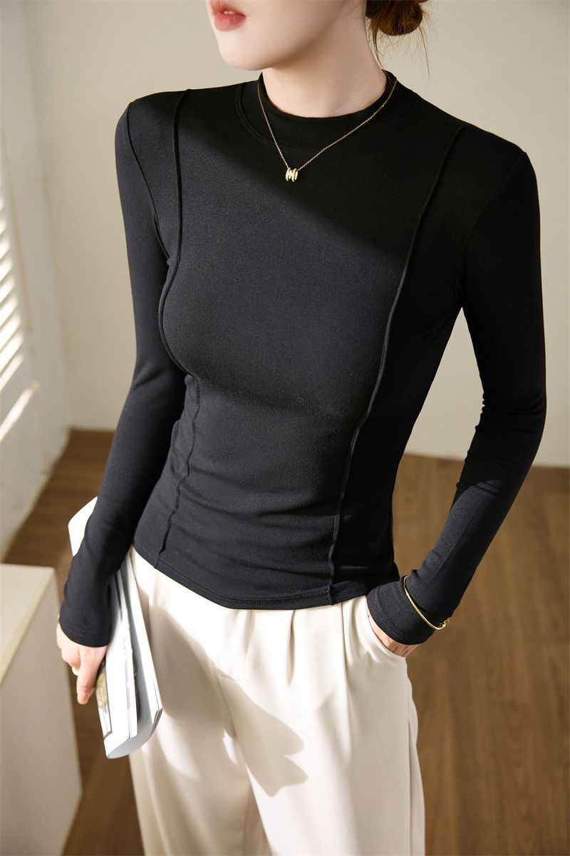 Women's Clothing Maillard high end design 2024 autumn and winter new half high collar T shirt women's long sleeved slim bottoming shirt top trend_voghion.com